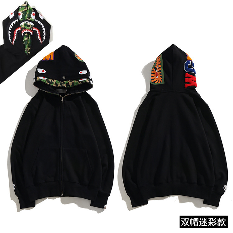 B@pe潮牌ins连帽男女鲨鱼单帽外套刺绣猿人头迷彩外穿连帽卫衣|undefined