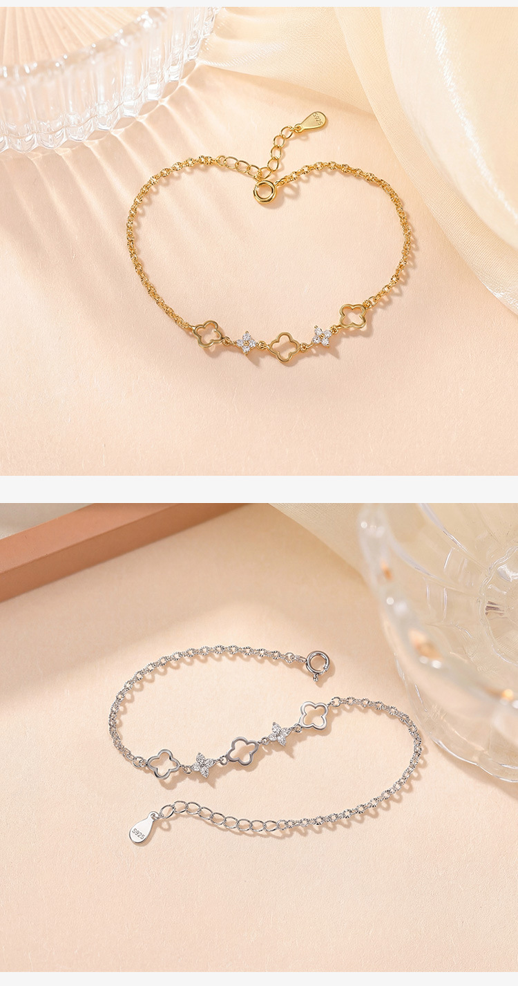 Vòng tay bạc S925 hình cỏ bốn lá nữ tính, phong cách tối giản — Bạc chi tiết 3