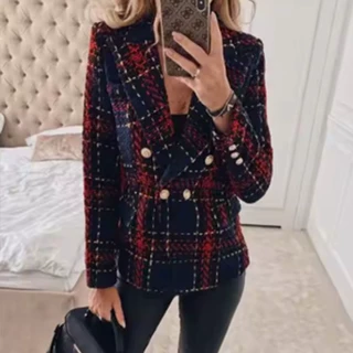 欧美格纹西装外套女士韩版秋冬修身显瘦复古呢子小西装格子西装女