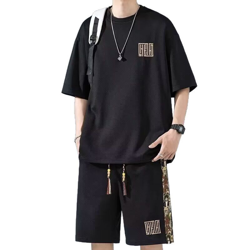 Camisas menos ropa verano nuevo estilo traje deportivo de ocio manga corta para hombres estilo de Hong Kong marea nacional pantalones cortos de cinco puntos manga corta suelta