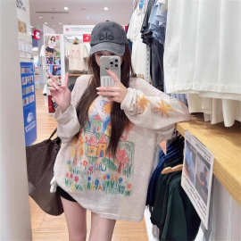 原版面料彩色涂鸦印花圆领长袖T恤女夏季慵懒宽松设计感防晒上衣