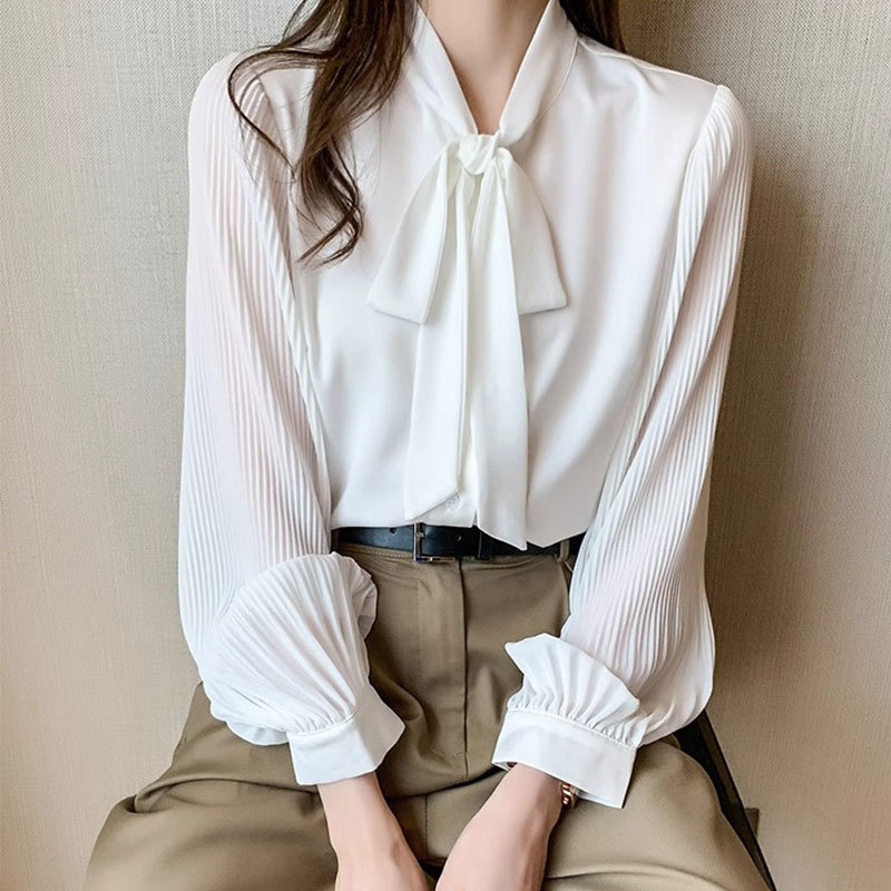 Bow-Tie Professional Wear White Shirt for Women 2026 Spring New Style with Flowing Collar, Long Sleeves, Loose and Stylish Chiffon Top Bow-Tie Professional Wear White Shirt for Women 2026 Spring New Style with Flowing Collar, Long Sleeves, Loose and Stylish Chiffon Top