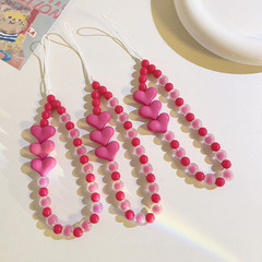 潮酷玫紅愛心珠珠串鏈掛繩通用手機殼鑰匙扣相機CCD掛飾網紅女款