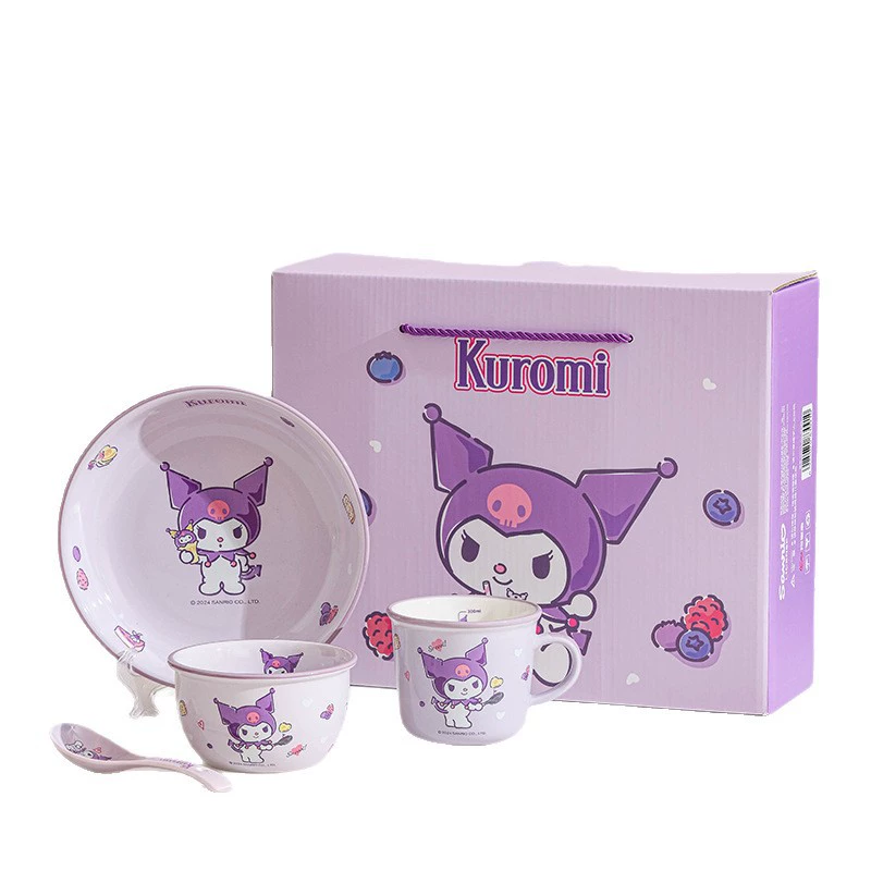 三丽鸥 Hello kitty, ceramic cartoon tableware for feeding, spoon with glass, chopsticks, set