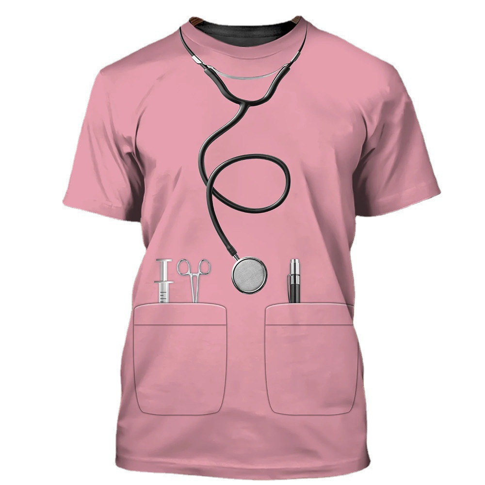 2024 mujer cuello redondo enfermera médico camiseta 3D impresión digital uniforme patrón camiseta ropa de trabajo top de mujer