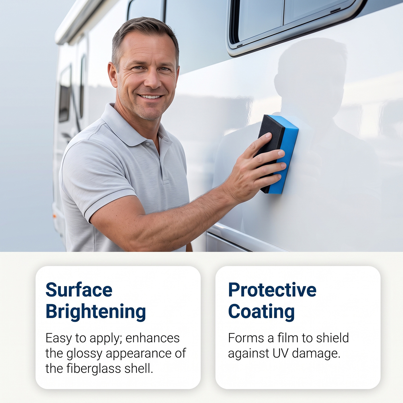RV fiberglass exterior polish: RV body glass cleaner, polisher, brightener, and protective coating for maintenance