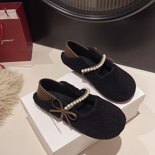 Fairy style, pearl and velvet flat-minocco shoes, women's autumn Korean style warm slip-on bow and fluffy cotton shoes