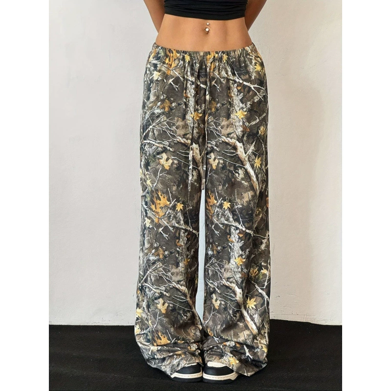 Хорошая ткань трансграничный 2025 американский стиль моды повседневная талия камуфляжный принт тонкая широкая нога швабра