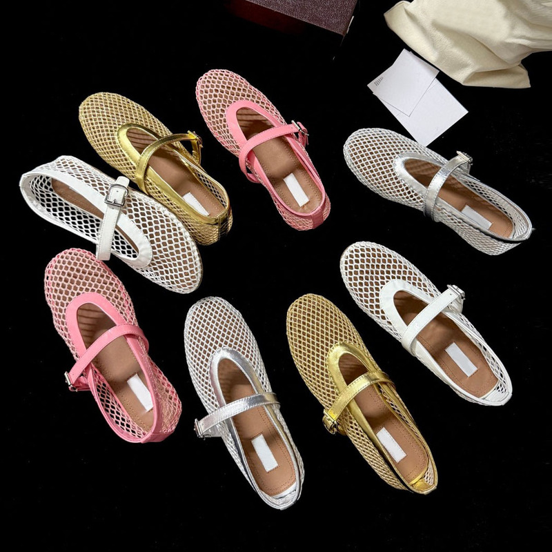 Cowhide version ~ Genuine Leather Ballet Shoes Women's Shallow Mouth Flat silver Single-layer Shoes Niche Hollow Fishing Net Shoes with Sandals