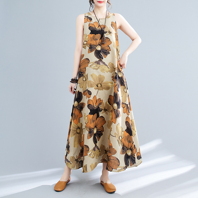 Vestido midi estampado sem mangas com gola redonda, estilo boêmio, plus size, para o verão de 2024._voghion.com