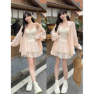 肥柒柒大码~甜辣妹少女温柔夏季新款甜美风显瘦纯欲风短款三件套