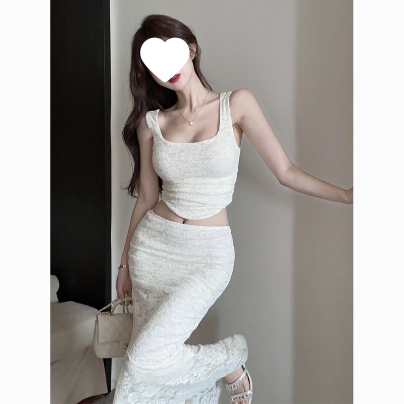 Pure Desire Style Retro French 2026 Sexy Lace Two-Piece Set Square Neck Backless Tie-Up Tank Top Mermaid Long Skirt