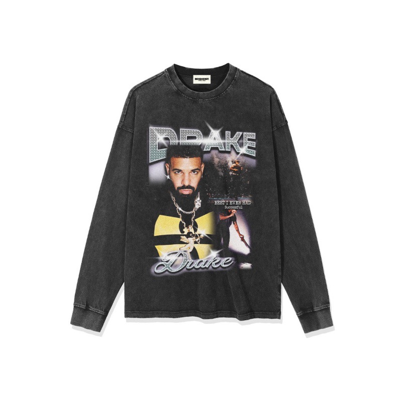Drake hip hop rap americano street fashion estampado vintage hecho viejo lavado pesado suelto mangas cortas
