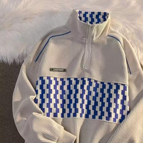 Half Zip Checkered Padded Thick Sweatshirt for Men, Japanese Style Loose Streetwear Brand Autumn/Winter Warm Clothing Ins Trend