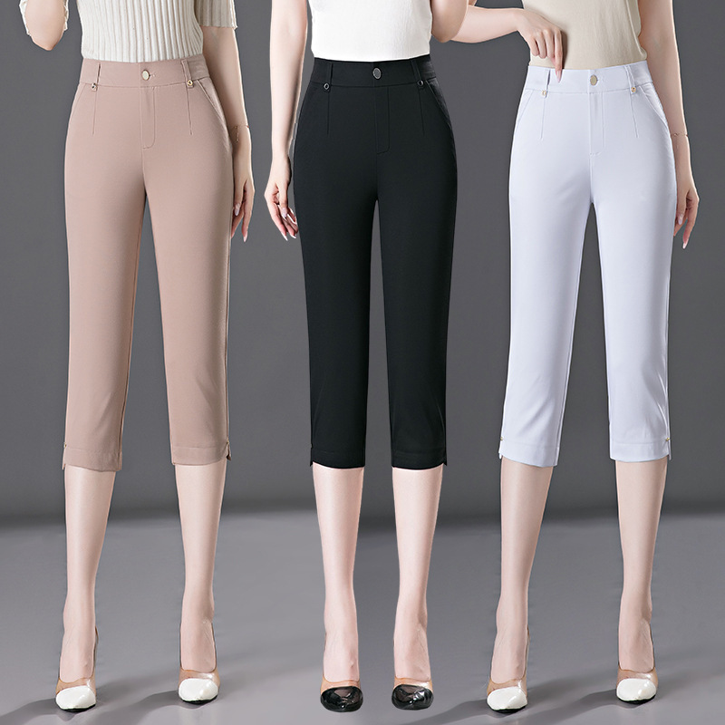 New Elastic High-Waisted Pants 2025 Summer Thin Petite Mom Women's Pants Stretch Slim Cropped Casual Pants