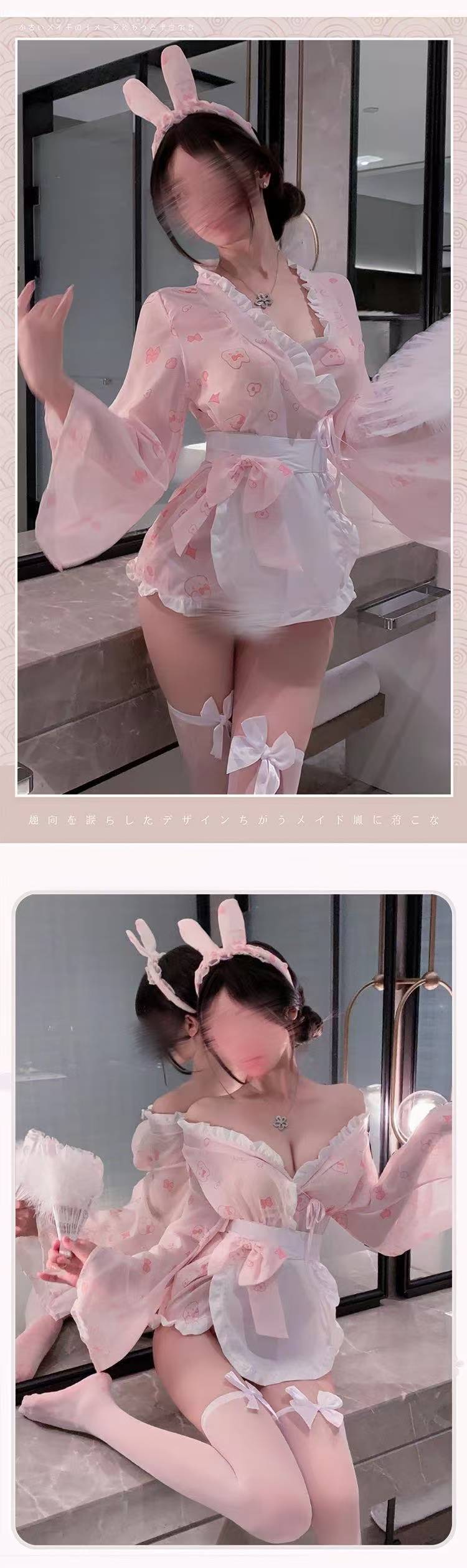 Milk Bunny Maid Uniform Lingerie Set with Rabbit Print and Bowknot Stockings — detail image 4