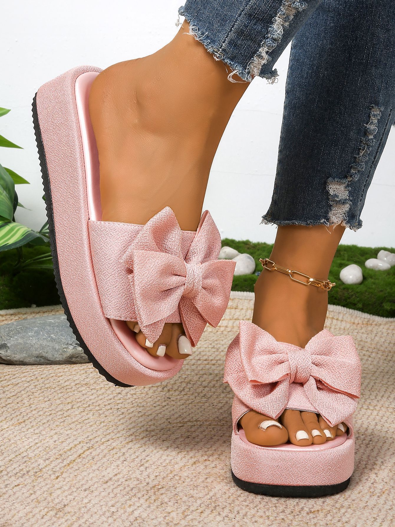 Women's Platform Sandals Open Toe Strappy Beach Slippers Bows_voghion.com