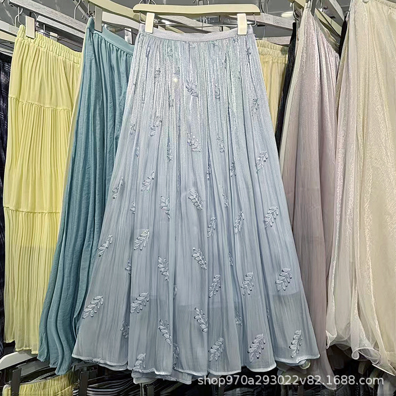 Summer Flowing Gauze Skirt 2026 New High-Waisted Slimming Embroidered Floral Mid-Length Sequin Fairy Skirt