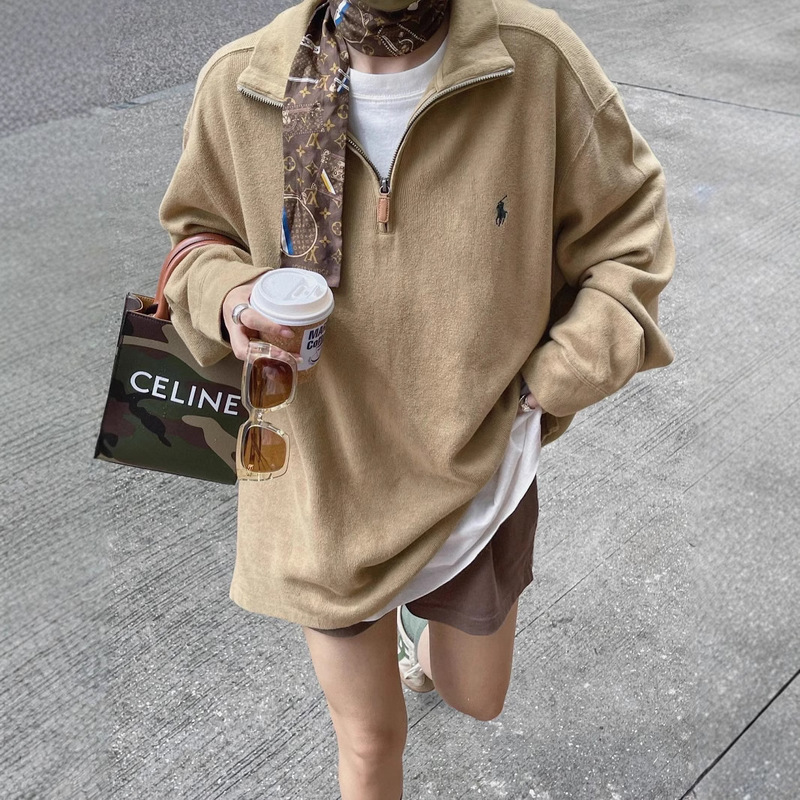 Lf Ralph Lauren's New Correct Version of the Pony Logo American Retro Sweatshirt Women's Long-Sleeved Zipper Lapel Sweatshirt Trendy