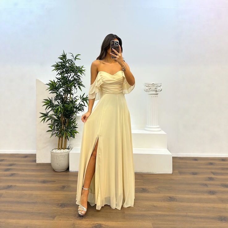 New European and American Strapless Slit Long Dress Elegant Chiffon Evening Dress Wedding Bridesmaid Dress Middle Eastern Dress