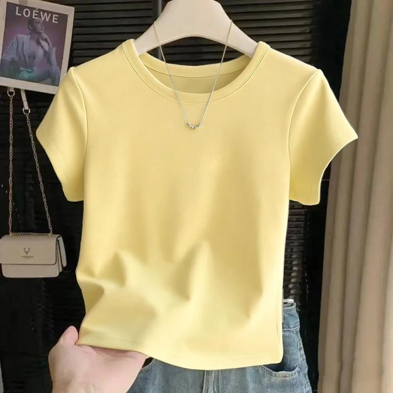 Summer round-neck, solid-color, pure cotton, short-sleeved, lightweight T-shirt for women, 2026 new collection, plus-size, versatile basic top Summer round-neck, solid-color, pure cotton, short-sleeved, lightweight T-shirt for women, 2026 new collection, plus-size, versatile basic top