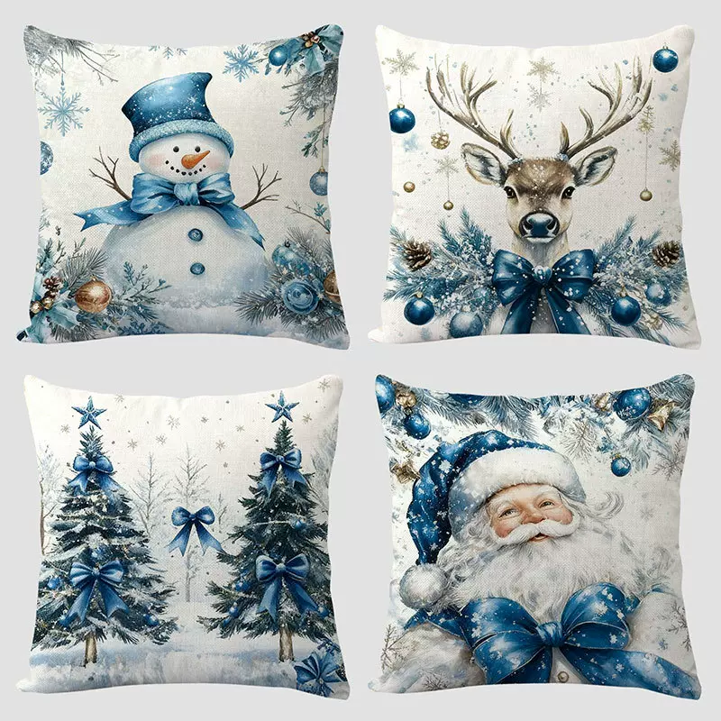temu亚马逊爆款圣诞节抱枕套组合圣诞树麋鹿女孩元素沙发靠垫套