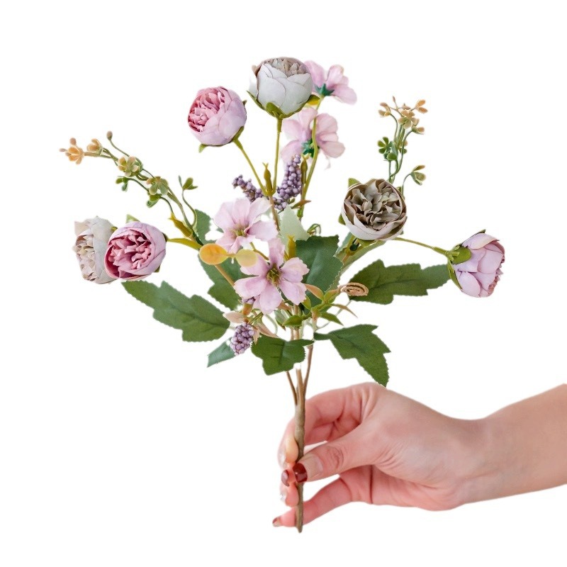 Retro 5-Zähneg Roude Perlenbouquet Rousebléiendekoratioun Blummen Kënschtlech Blummendekoratioun Blummen Seidblumm_voghion.com