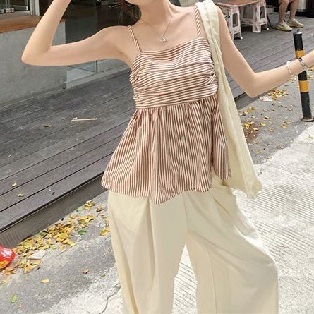 Korean-style new fashion set with color-block stripes tank top and women's summer high-waist slimming casual pants two-piece set