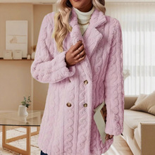 亚马逊欧美女士毛绒外套舒适休闲保暖西装领双排扣中长款大衣