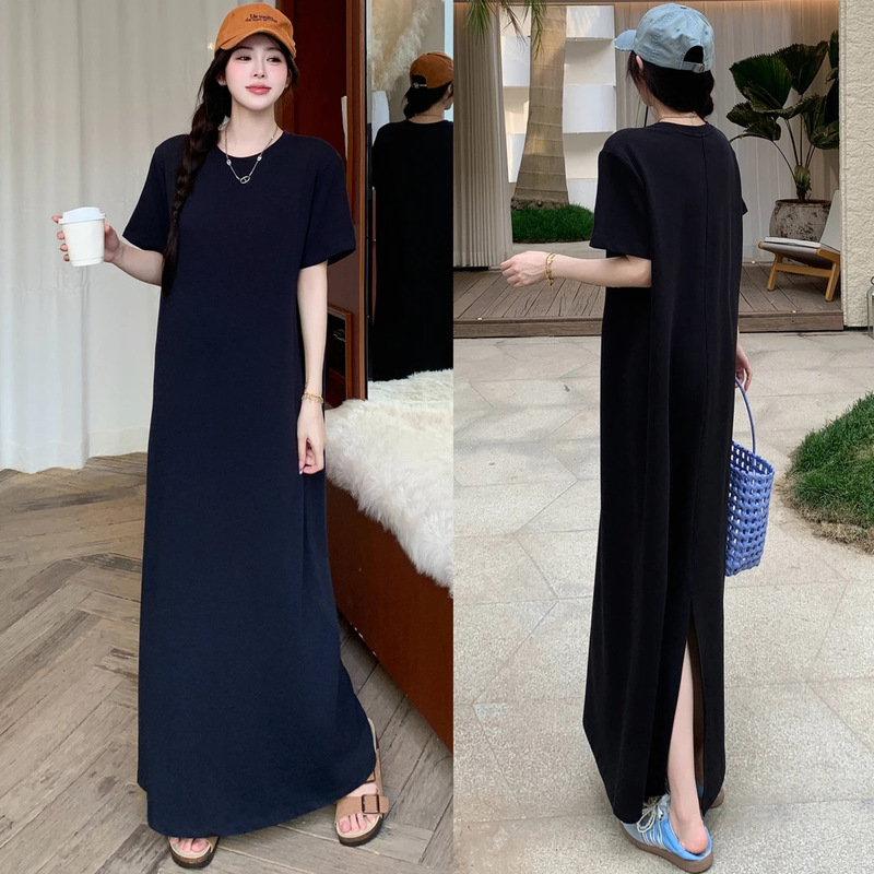 3509 #   2025 New Summer Style Extra Long Back Slit Loose Lazy Style T-Shirt Dress Large Size Short-Sleeved Dress