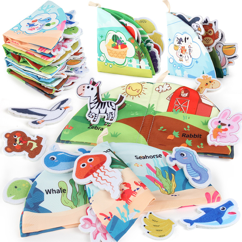 Libro de tela para bebés Velcro desgarrador libro animal forestal frutas libro tridimensional puede roer bebés preescolar libro de palma