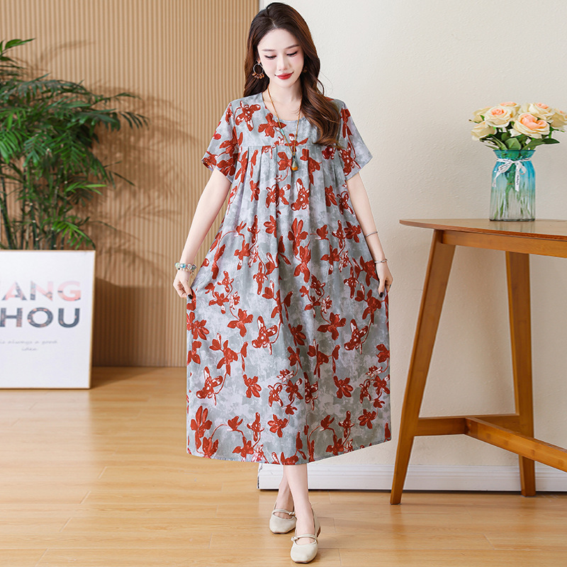 Summer Cotton Silk Long Dress for Middle-Aged Moms, Plus Size, Slimming, Women's Nightgown, Slightly Plump, Tummy-Concealing, Thin Sleepwear