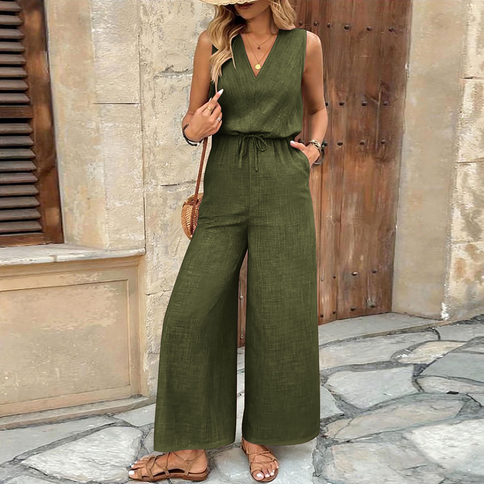 2026 verano nuevo comercio exterior transfronterizo de Europa y América fuente de tejido de color sólido temperamento de moda sin mangas pantalones de mujer monje