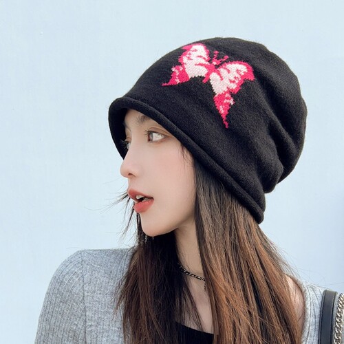 Winter and Autumn Knitted Wool Butterfly Cluster Hat, Warm Ear Cover, Face-Smoothing, Loose Fit, Versatile Hooded Beanie