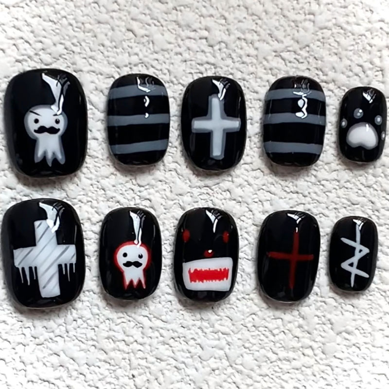 Black Little Devil Cute Cartoon Style Brightening Wearable Nails for Girls, Gentle and Sweet Atmosphere, New Short Nail Art Factory Wholesale