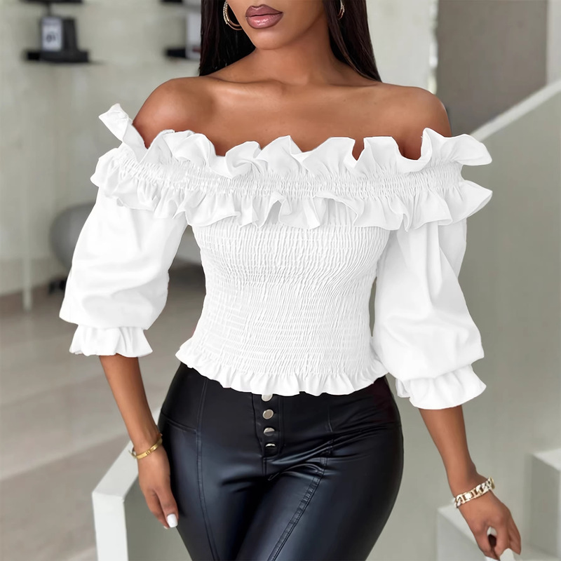 Elegant Off-The-Shoulder Ruffled Lantern Sleeve Shirt - Solid White, Polyester, Machine Washable, Spring/Summer