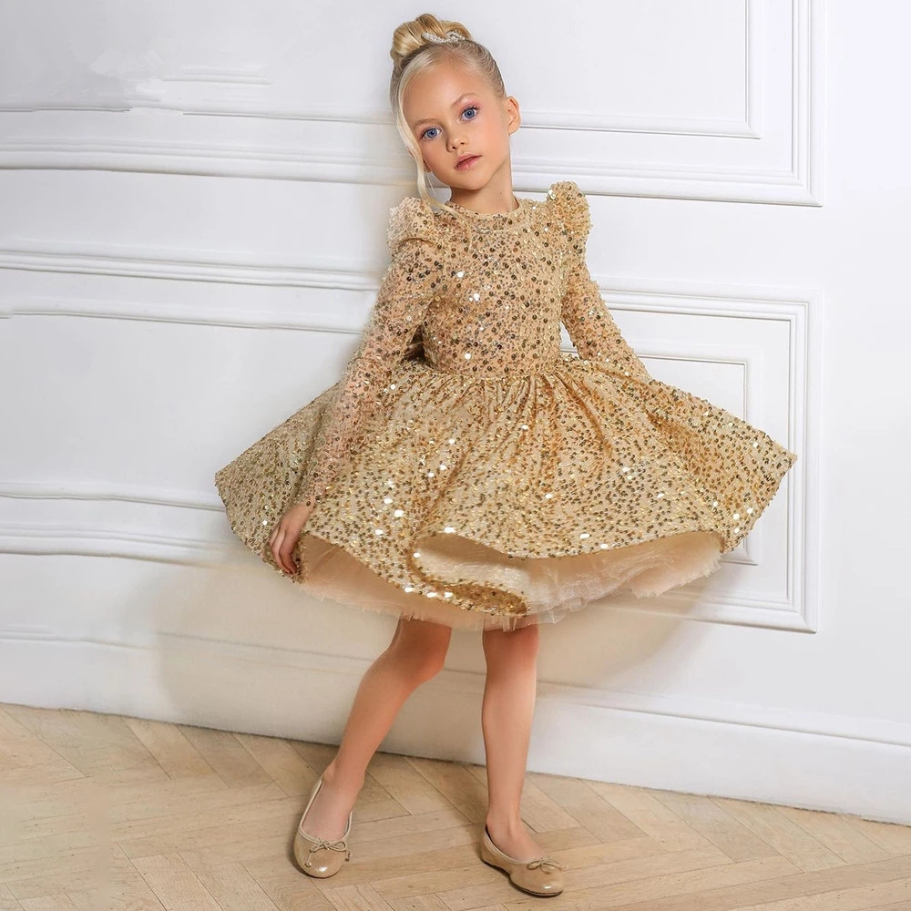 gold Children's Evening Cross-Border Birthday Ball Gown Princess New Sequin Long Sleeve Host Dress_voghion.com