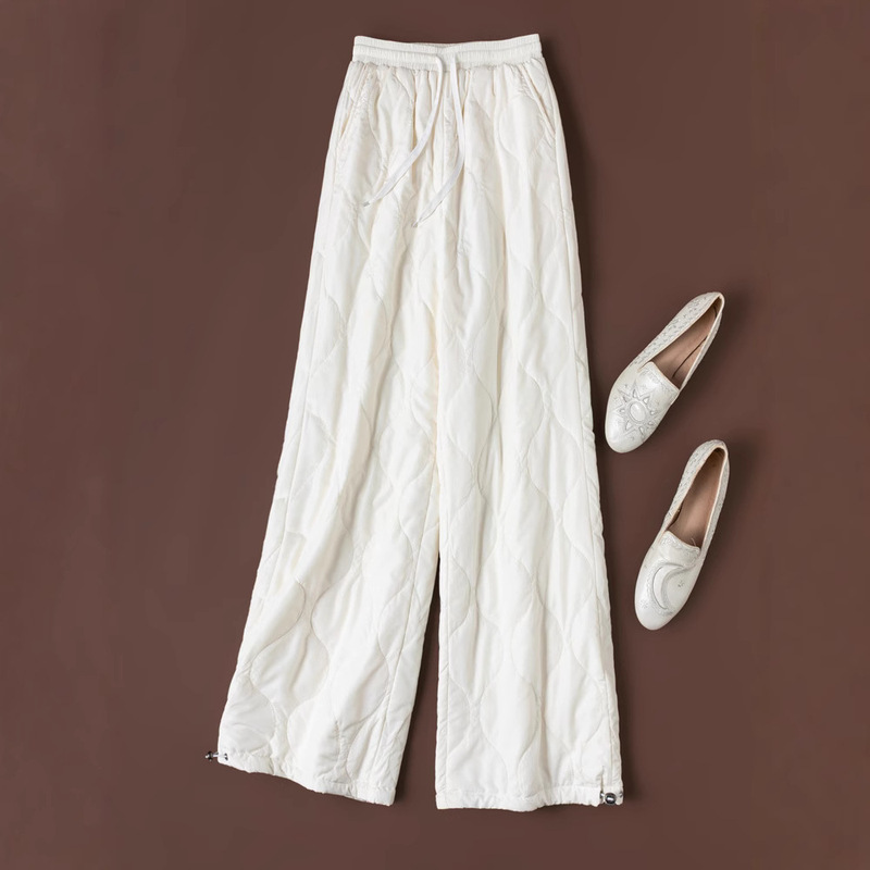 Soft Winter Pants! Filled with Mulberry Silk! White Elastic Waist Pocket Straight Leg Casual Pants for Women