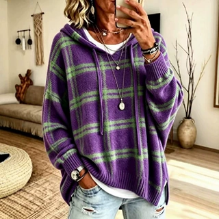 欧美复古格纹连帽针织卫衣女宽松落肩抽绳套头毛衣休闲外搭女上衣
