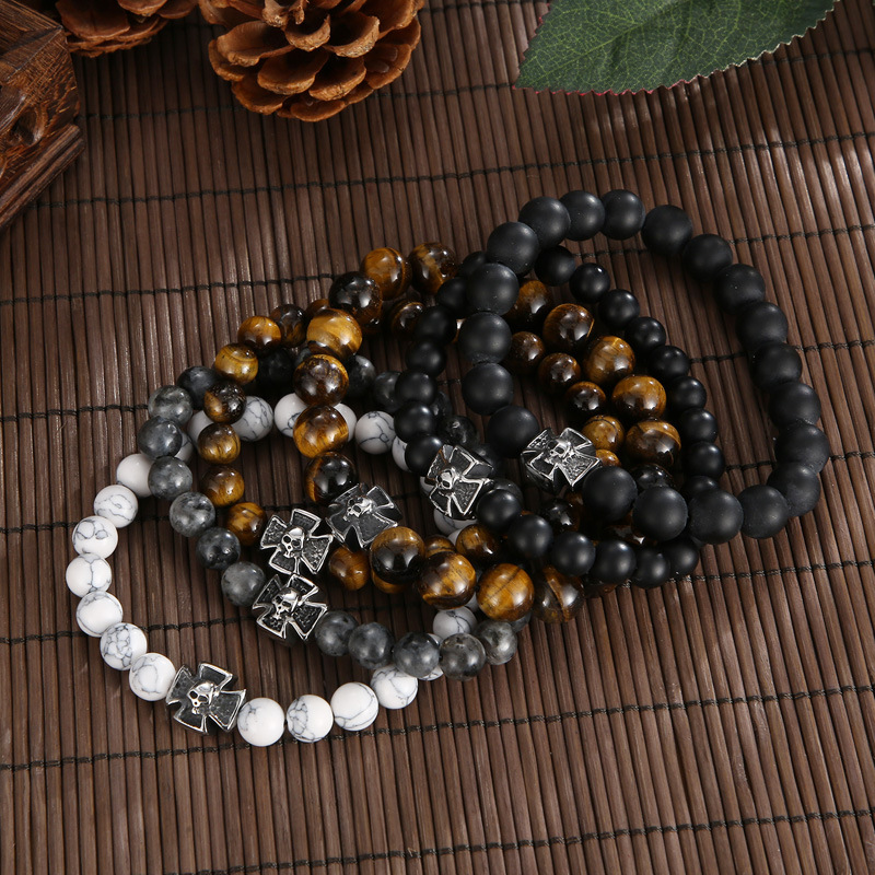 25g Weight Bracelets Classification Daily, Street Occasion turquoise, Agate, Tiger Eye Material Halloween Festival Cross, Skull Pattern Men's Gender Punk Style Punk Cross Skull Turquoise Agate Tiger Eye Halloween Men's Bracelets Men Beaded Bracelets 3