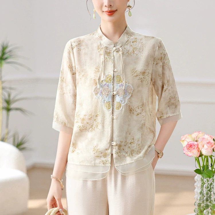 Летний новый костюм мамы национальный ветер с полукрутом маленькая рубашка среднего и пожилого нового китайского шифоновый топ бабушки сарафан