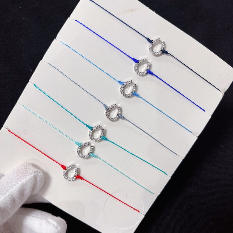 Real Shot of French Paris Zodiac Year Horseshoe Full Diamond Red Rope Bracelet U-Shaped Lucky Color Rope Braided Bracelet for Women