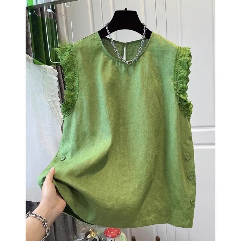 French-Style Super Pretty Round Neck Spliced Lace Small Flutter Sleeve T-Shirt for Women, Summer Loose Age-Reducing Versatile Fashion Tank Top