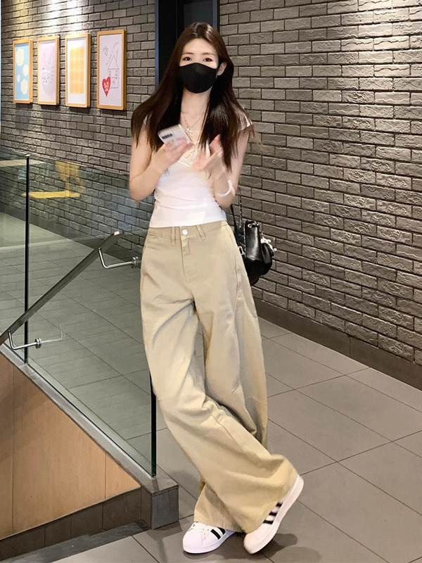 卡其色工装牛仔裤女夏季2025新款大码胖mm高腰宽松显瘦阔腿拖地裤|undefined