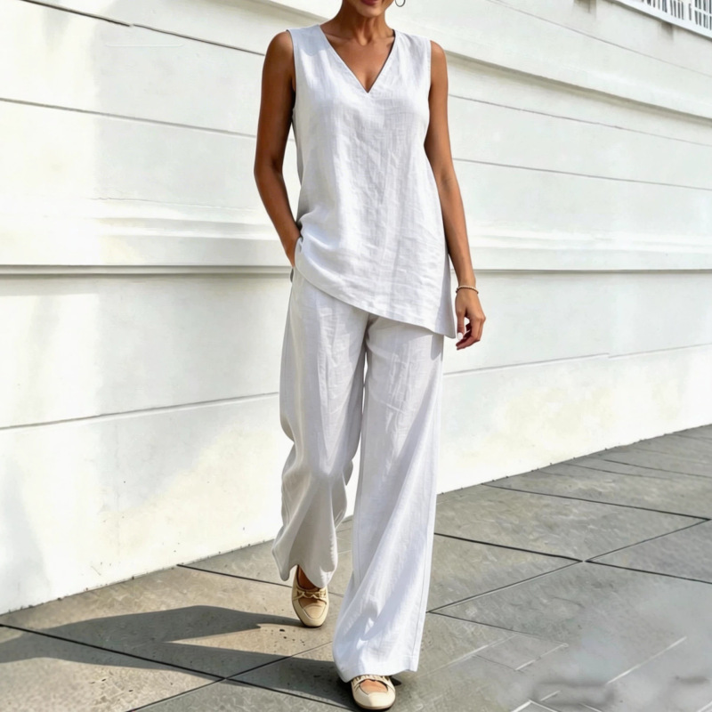 European and American Cross-Border Amazon Foreign Trade Women's Casual V-Neck Sleeveless Solid Color Cotton and Linen Top and Wide-Leg Pants Two-Piece Set European and American Cross-Border Amazon Foreign Trade Women's Casual V-Neck Sleeveless Solid Color Cotton and Linen Top and Wide-Leg Pants Two-Piece Set