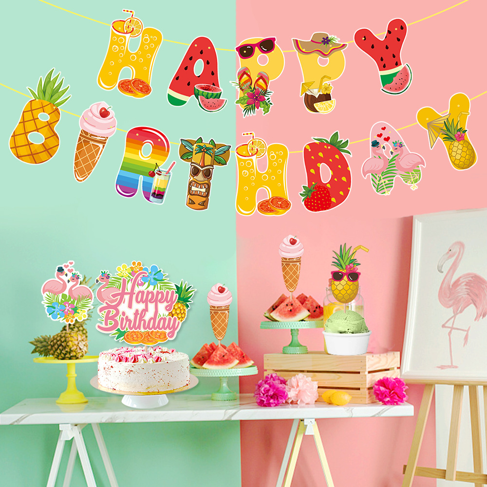 Fiesta de cumpleaños de frutas de verano decoración de escena bandera de cumpleaños bandera hawaiana piña llama pájaro pastel tarjeta inserción