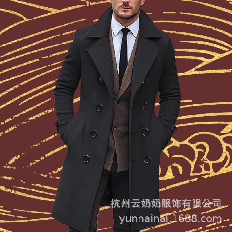 Cross-Border Autumn and Winter Export European and American Men's Pure Color Mid-Length Woolen Coat Korean Style Double-Breasted Woolen Windbreaker Jacket