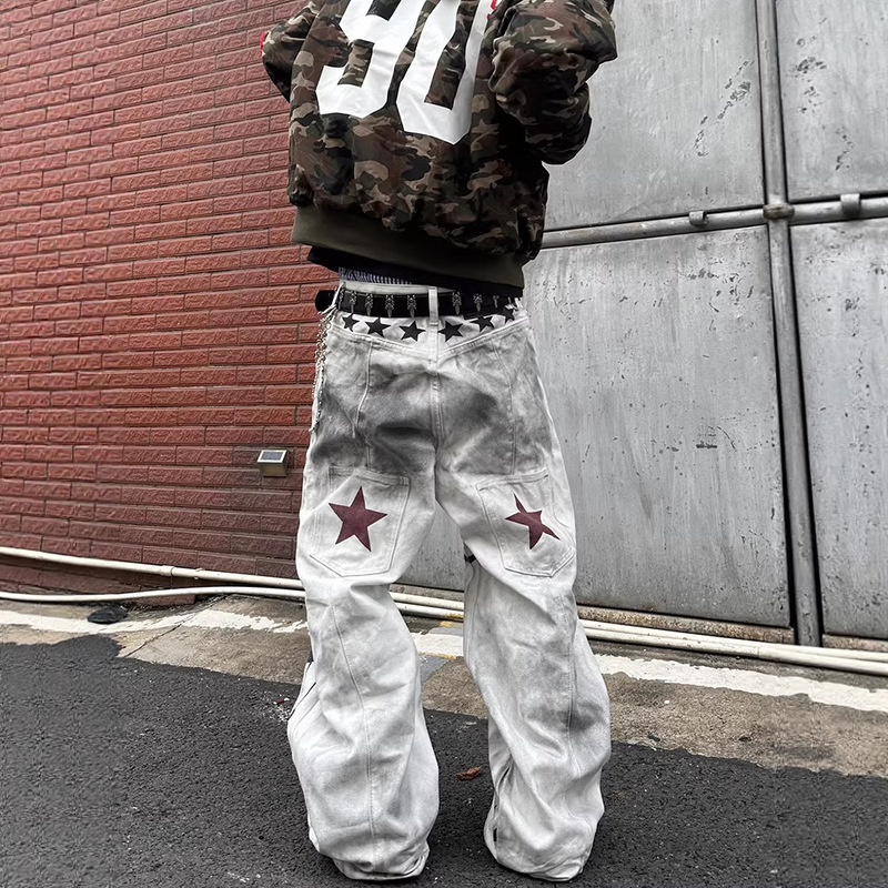 American-Style Heavy-Duty Washed Vintage Distressed Musical Note Print Jeans, Unisex Loose Wide-Leg Pants, Niche Design Long Pants