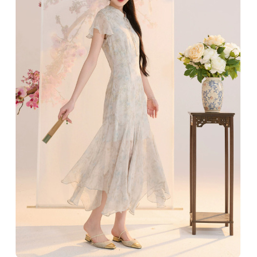 2026 Summer New Chinese-Style Dress Chiffon Floral Irregular Improved Version of Cheongsam D412Gc107L20