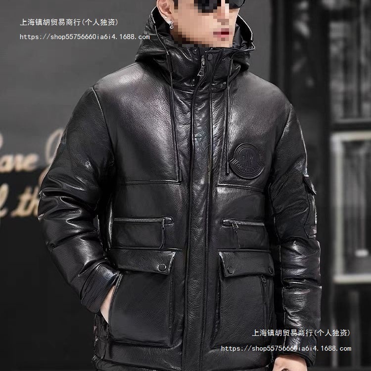 冬季新款羽绒服男士皮衣修身牛皮帽头层牛皮蒙蒙连帽夹克外套